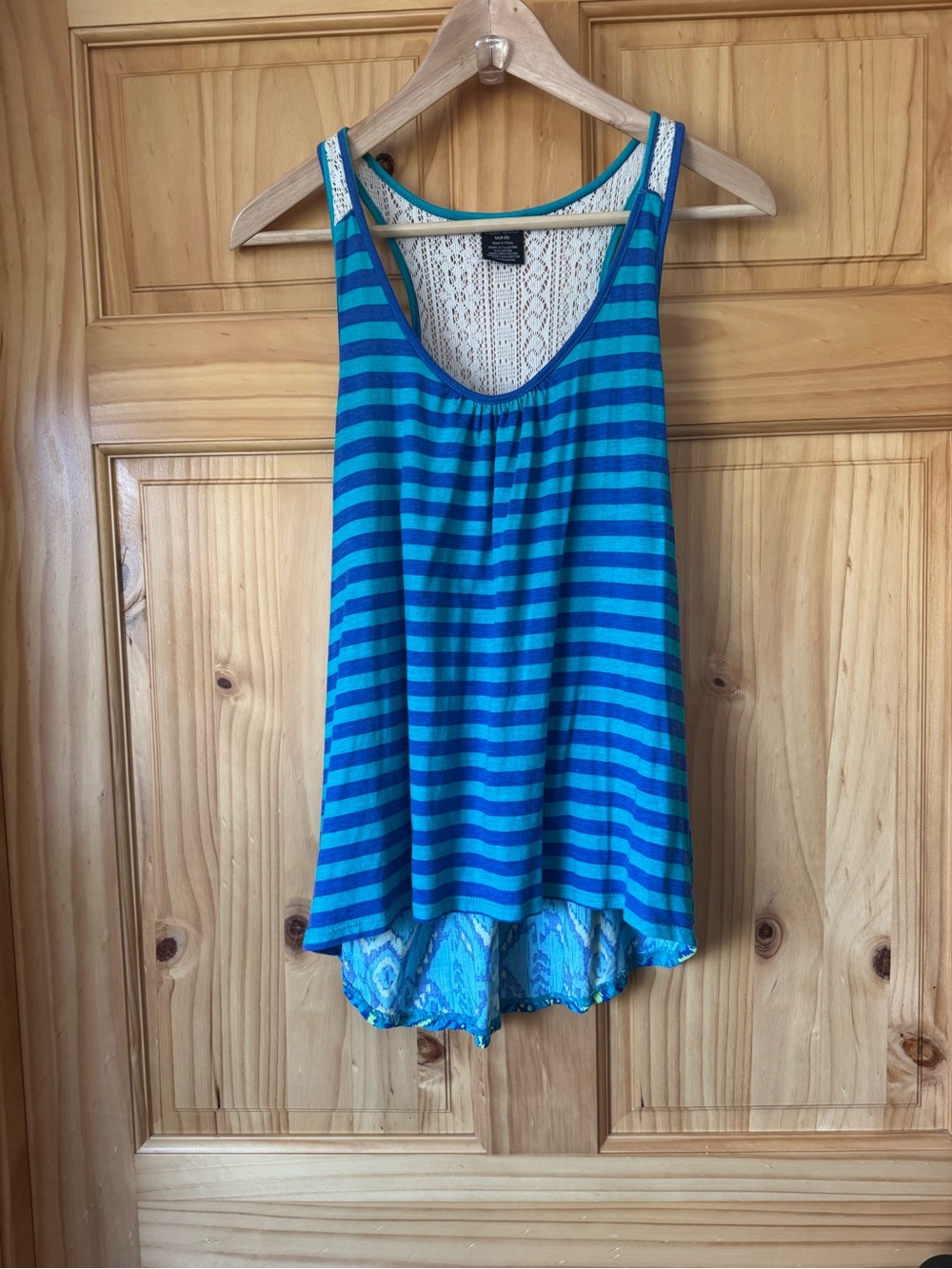 Faded Glory Teal and Blue Striped Crochet Lace Trim RacerBack Tank size medium